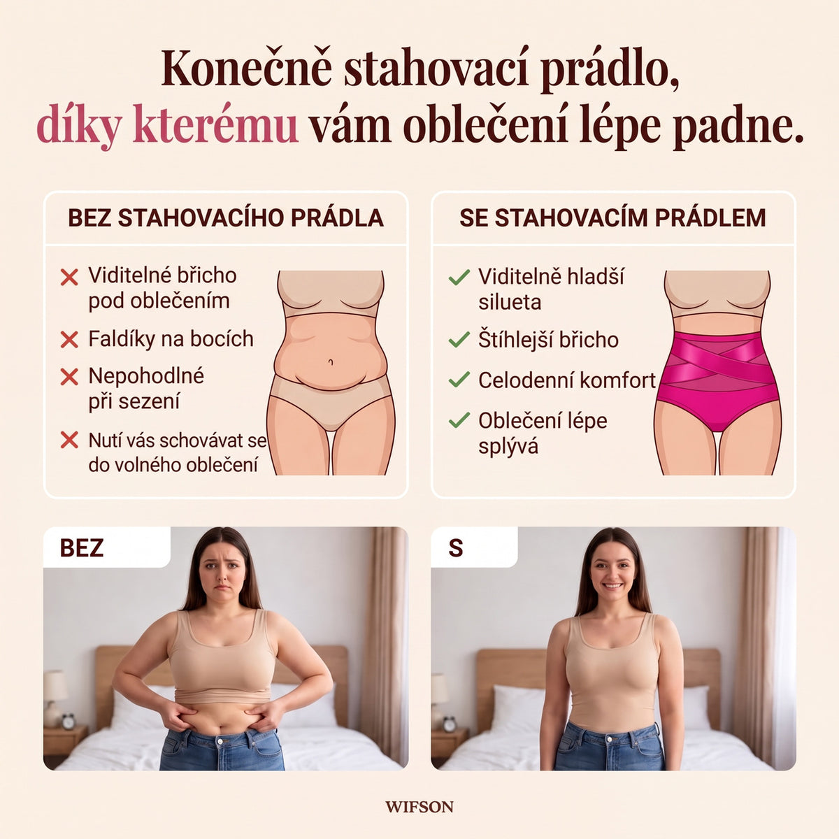 Wifson Modelující kalhotky — srovnání se stahovacím prádlem a bez něj